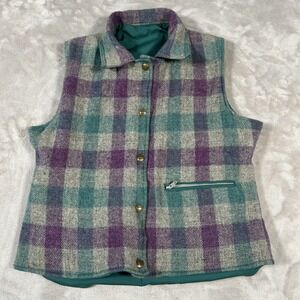 Vintage Woolrich Vest Women M Green Purple Plaid Reversible Snap Button Made USA